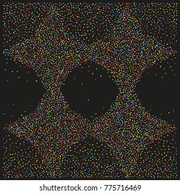 Various sparkle frame or border of random scatter rainbow geometric figures isolated on black.
