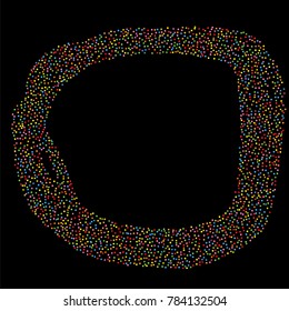 Various sparkle frame or border of random scatter rainbow geometric figures isolated on black.