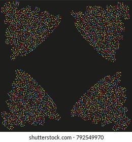 Various sparkle frame or border of random scatter rainbow geometric figures isolated on black.