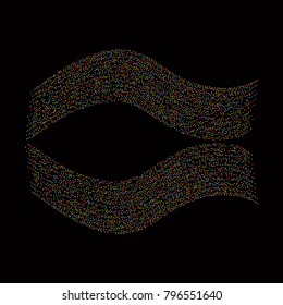 Various sparkle frame or border of random scatter rainbow geometric figures isolated on black.
