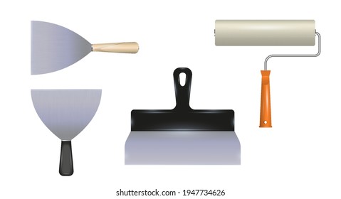 Various spatulas and paint roller. Realistic 3D vector tools. Apartment renovation. Vector illustration isolated on white.