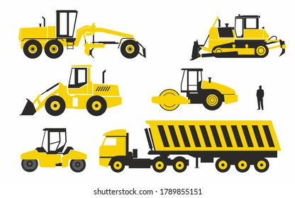 Various special vehicles for road construction. Stylish simplified icons