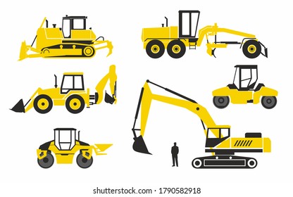 Various special vehicles for road construction. Stylish simplified icons. Excavators, rollers and bulldozers