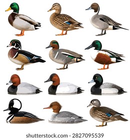 Various species of ducks and geese in flight and on water surfaces
