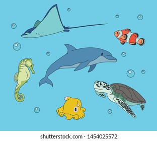 Various species in the sea. hand drawn style vector design illustrations.