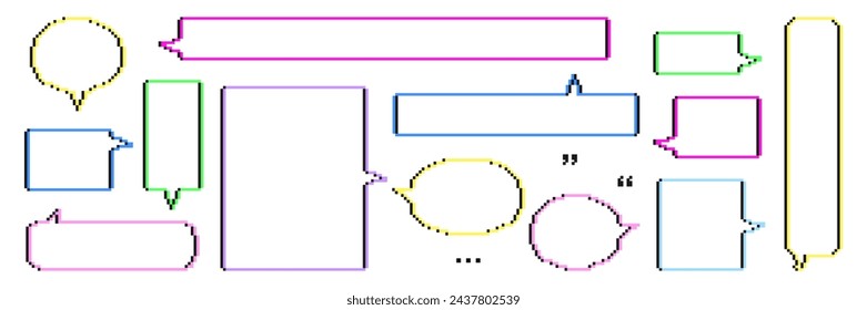 Various speech bubble pixel art 8 bit style set. Retro video game dialogue box message outline colorful frames with copy space for text. Vector illustration isolated on transparent background
