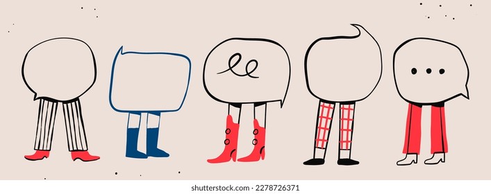 Various Speech Bubbles with legs. Advertising, message, fashion, texting, meeting concept. Cartoon style. Cute isolated characters with speech bubbles instead of bodies. Hand drawn Vector illustration