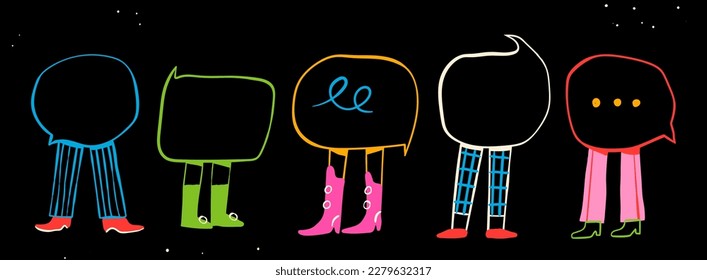 Various Speech Bubbles with legs. Advertising, message, speacking, texting, chat concept. Cartoon style. Cute isolated characters with speech bubbles instead of bodies. Hand drawn Vector illustration