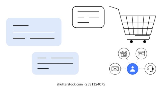 Various speech bubbles and a shopping cart. Icons represent a store, document, email, user, and customer service. Ideal for e-commerce, communication, customer support, online shopping, business