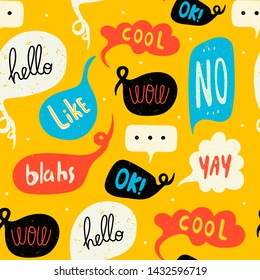 Various speech bubbles with text. Hand drawn seamless pattern. Different shapes. Abstract contemporary modern trendy vector illustration. Stamp texture. Yellow background