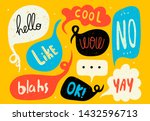 Various speech bubbles with words. Hand drawn set. Different shapes. Abstract contemporary modern trendy vector illustration. Stamp texture. All elements are isolated