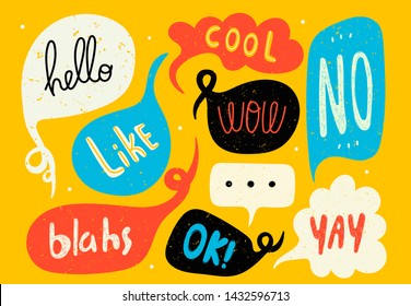 Various speech bubbles with words. Hand drawn set. Different shapes. Abstract contemporary modern trendy vector illustration. Stamp texture. All elements are isolated