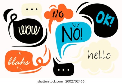 Various speech bubbles with words. Hand-drawn set for stickers and printing. Isolated design elements of various irregular shapes. Modern abstract bright backgrounds for slogans and messages