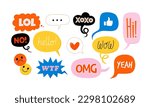 Various speech bubbles with words. Vector images collection of different shapes. Abstract modern trendy images. Isolated elements. Greetings and likes drawings.
