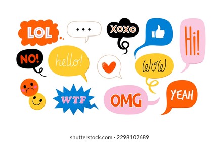 Various speech bubbles with words. Vector images collection of different shapes. Abstract modern trendy images. Isolated elements. Greetings and likes drawings.