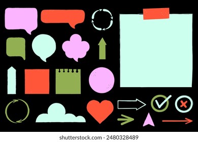 Various speech bubbles,arrows,writing stickers different shapes isolated on white.Modern trendy stamp texture.Vector illustration EPS 10