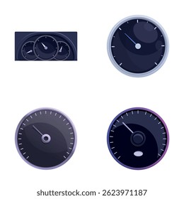 Vários ícones do velocímetro definem o vetor do desenho animado. Estilo diferente do velocímetro. Indicador de velocidade
