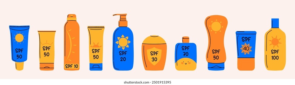 Various SPF level set. Isolated hand drawn sunscreen bottles. Oil, balm, spray, lotion, cream. Sunblock, UV protection, beauty routine.
Perfect for summer designs, skincare promotions.