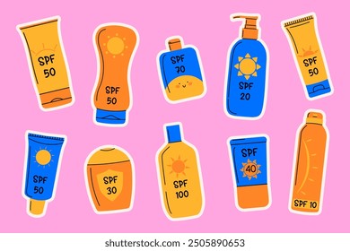 Various SPF sticker set. Isolated hand drawn sunscreen bottles. Oil, balm, spray, lotion, cream. Sunblock, UV protection, beauty routine.
Perfect for summer designs, skincare promotions.