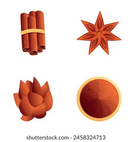 Various spice icons set cartoon vector. Aromatic cinnamon stick and star anise. Spice ingredient, food aroma