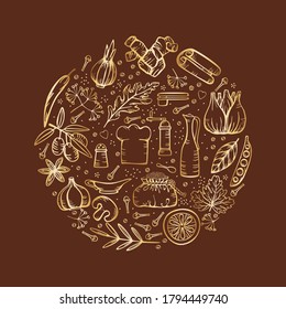 Various spices and herbs and kitchen tools for delicious cooking. Vector isolated linear hand drawing. Golden gradient on a brown background.