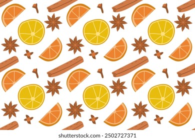 Various spices pattern, cinnamon rolls, anise star , lemon and orange slice and clove seasoning, hand drawn doodle illustration, seamless vector background with cooking ingredients, good as wrapping 