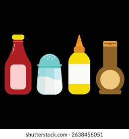 Various spices and sauces for cooking or food. Chili sauce, salt, mayonnaise, mustard, chocolate spread.
