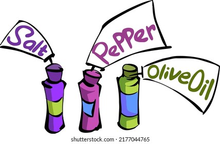 Various spices set pepper, salt, olive oil. Cartoon vector Illustrations.