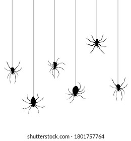 
Varias arañas cuelgan en la web. Siluetas negras de insectos espeluznantes. Antecedentes para el diseño de la halloween de vacaciones. Ilustración vectorial.
