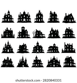 Various spooky mansion silhouettes featuring gothic architecture tall towers scary windows and dark mysterious vibes