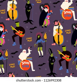 Various spooky music artists. Halloween hand drawn vector seamless pattern. Dark background