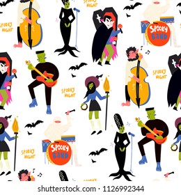 Various spooky music artists. Halloween hand drawn vector seamless pattern