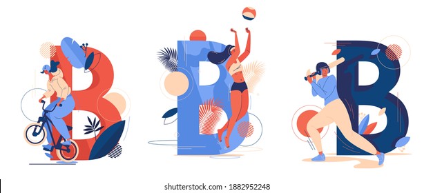 Various sport activities with capital letter B on background. Concept scenes with women training baseball, bmx riding and beach volleyball isolated on white
