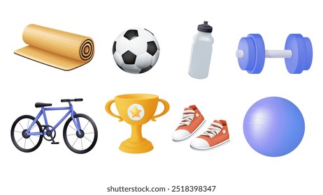 Conjunto de varios iconos 3D de equipos deportivos. Inventario de fitness, accesorios de gimnasio. Mancuernas, botella de la aptitud, taza del deporte, zapatos, estera, bicicleta, balón de fútbol. Concepto de estilo de vida saludable. Conjunto de Vector de dibujos animados 3D