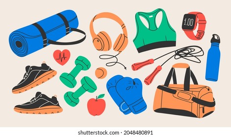 Various Sport equipment. Fitness inventory, gym accessories. Dumbbells, fitness tracker, headphones, bottle, jump rope, shoes, mat, boxing gloves. Healthy lifestyle concept. Hand drawn Vector set - Shutterstock ID 2048480891