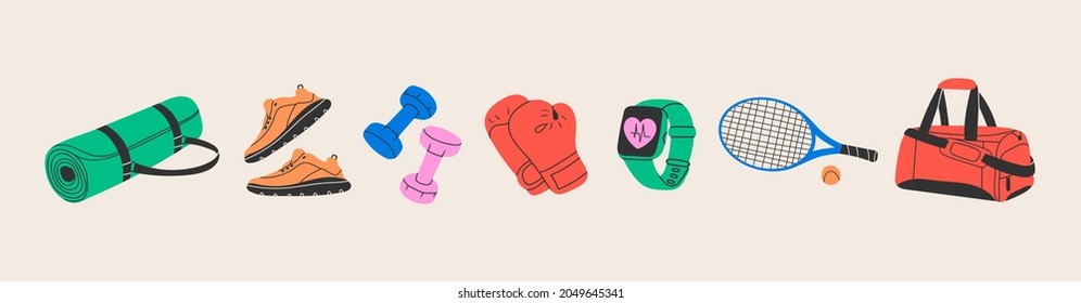 Various Sport equipment. Fitness inventory, gym accessories. Dumbbells, fitness tracker, sport bag, shoes, mat, boxing gloves, tennis racket. Healthy lifestyle concept. Hand drawn Vector set - Shutterstock ID 2049645341