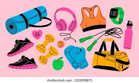 Various Sport equipment. Fitness inventory, gym accessories. Dumbbells, fitness tracker, headphones, bottle, jump rope, shoes, mat, boxing gloves. Healthy lifestyle concept. Hand drawn Vector set