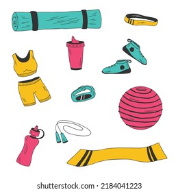 Various sport equipment, fitness inventory, gym accessories. Hand drawn modern vector illustration.