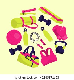 Various Sport equipment. Fitness inventory, gym accessories. Dumbbells, fitness tracker, sport bag, mat, boxing gloves. Healthy lifestyle concept. Hand drawn Vector set isolated on white background