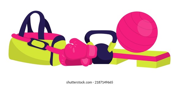 Various Sport equipment. Fitness inventory, gym accessories. Dumbbells, fitness tracker, sport bag, mat, boxing gloves. Healthy lifestyle concept. Hand drawn Vector set isolated on white background