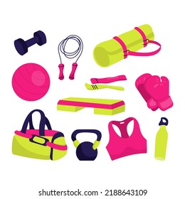 Varios equipamientos deportivos. Inventario de fitness, accesorios de gimnasio. Tornillos, rastreador de fitness, bolsa deportiva, alfombra, guantes de boxeo. Concepto de estilo de vida saludable. Conjunto de vectores dibujados a mano aislado en fondo blanco