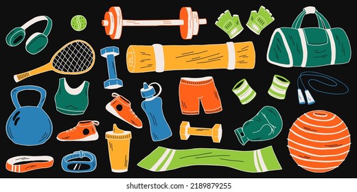 Various sport equipment, fitness inventory, gym accessories, healthy lifestyle concept.