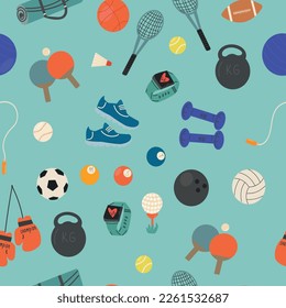 Various Sport equipment. Fitness inventory, gym accessories. Dumbbells, fitness tracker, headphones, bottle, jump rope, shoes, mat, boxing gloves. Healthy lifestyle. Hand drawn Vector seamless pattern