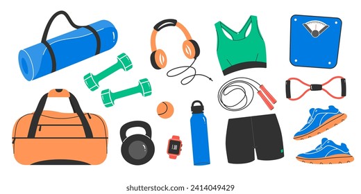 Varios equipamientos deportivos. Inventario de fitness, accesorios de gimnasio. TORNILLOS, Rastreador de fitness, auriculares, botella, cuerda de salto, zapatos, alfombra. Concepto de estilo de vida saludable. Juego de vectores dibujado a mano.