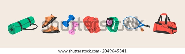 Various Sport equipment. Fitness inventory, gym\
accessories. Dumbbells, fitness tracker, sport bag, shoes, mat,\
boxing gloves, tennis racket. Healthy lifestyle concept. Hand drawn\
Vector set
