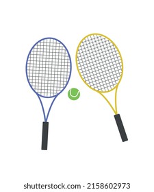 Various Sport equipment. Poster with rackets and small ball for playing lawn tennis or badminton. Healthy lifestyle or physical activity. Cartoon flat vector illustration isolated on white background