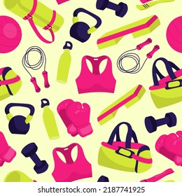Diversos equipos deportivos sin fisuras. Inventario de fitness, accesorios de gimnasio. Tornillos, rastreador de fitness, bolsa deportiva, alfombra, guantes de boxeo. Concepto de estilo de vida saludable. Conjunto de vectores dibujado a mano 