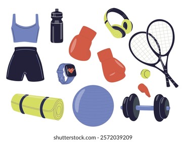 Various Sport equipment set. Different isolated Fitness inventory, gym accessories. Healthy lifestyle concept. Hand drawn modern Vector illustrations. Fitness, athlete gym accessories, games balls