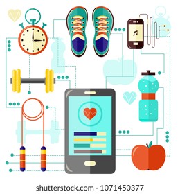 Various sport equipment set with necessary accessories for fitness isolated on white background. Flat vector illustration of sneakers, weights, bottle with water and gadget with app for sportsperson.