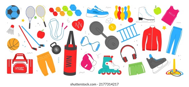 Various Sport equipment set. Stickers with inventory or accessories for fitness or gym workouts. Healthy lifestyle and physical activity. Cartoon flat vector collection isolated on white background